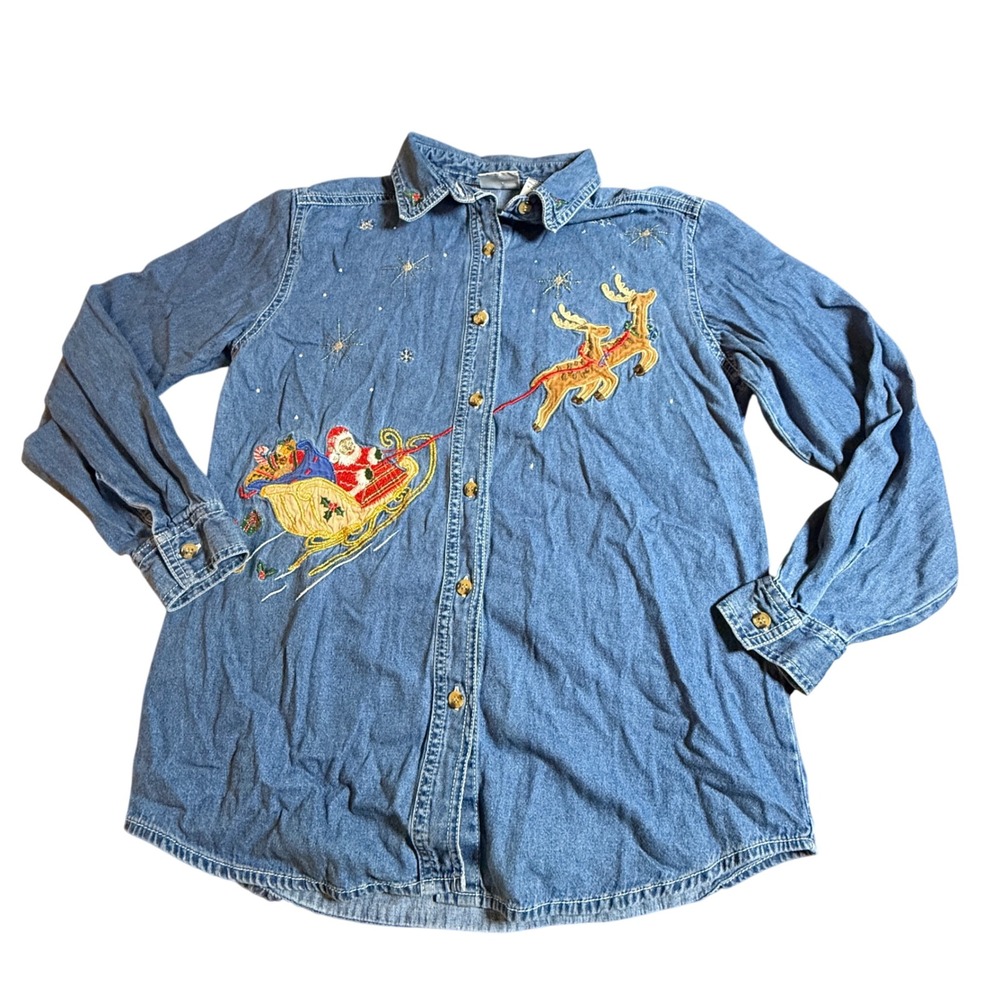 Bobbie Brooks Denim Shirt Women Small Blue Santa Reindeer Embroidered Christmas